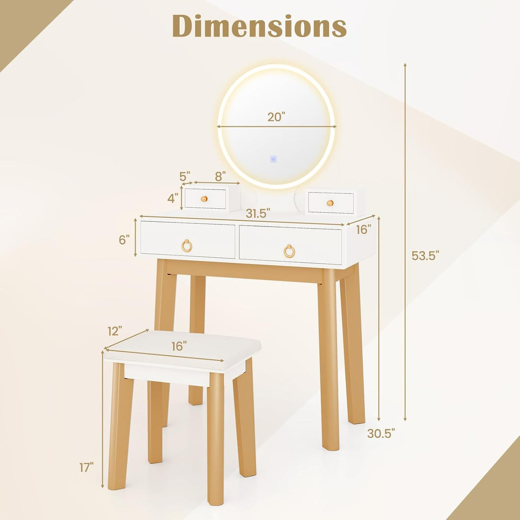 Vanity Set with Touch Screen Dimming Mirror, 3 Color Lighting Modes, Dressing Table with 4 Sliding Drawers, Modern Bedroom Makeup Table and Cushioned Stool Set for Women Girls (White)