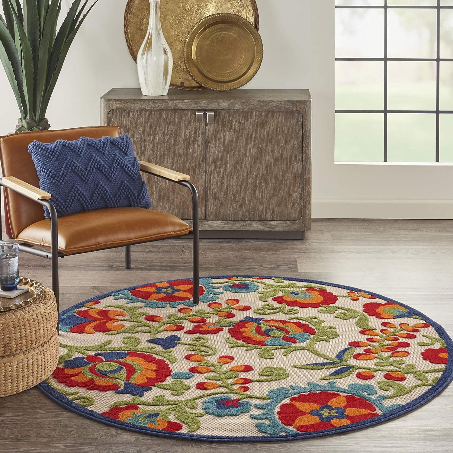 Aloha Floral Tropical Indoor/Outdoor Multicolor 4' X round Area Rug, (4' Round)