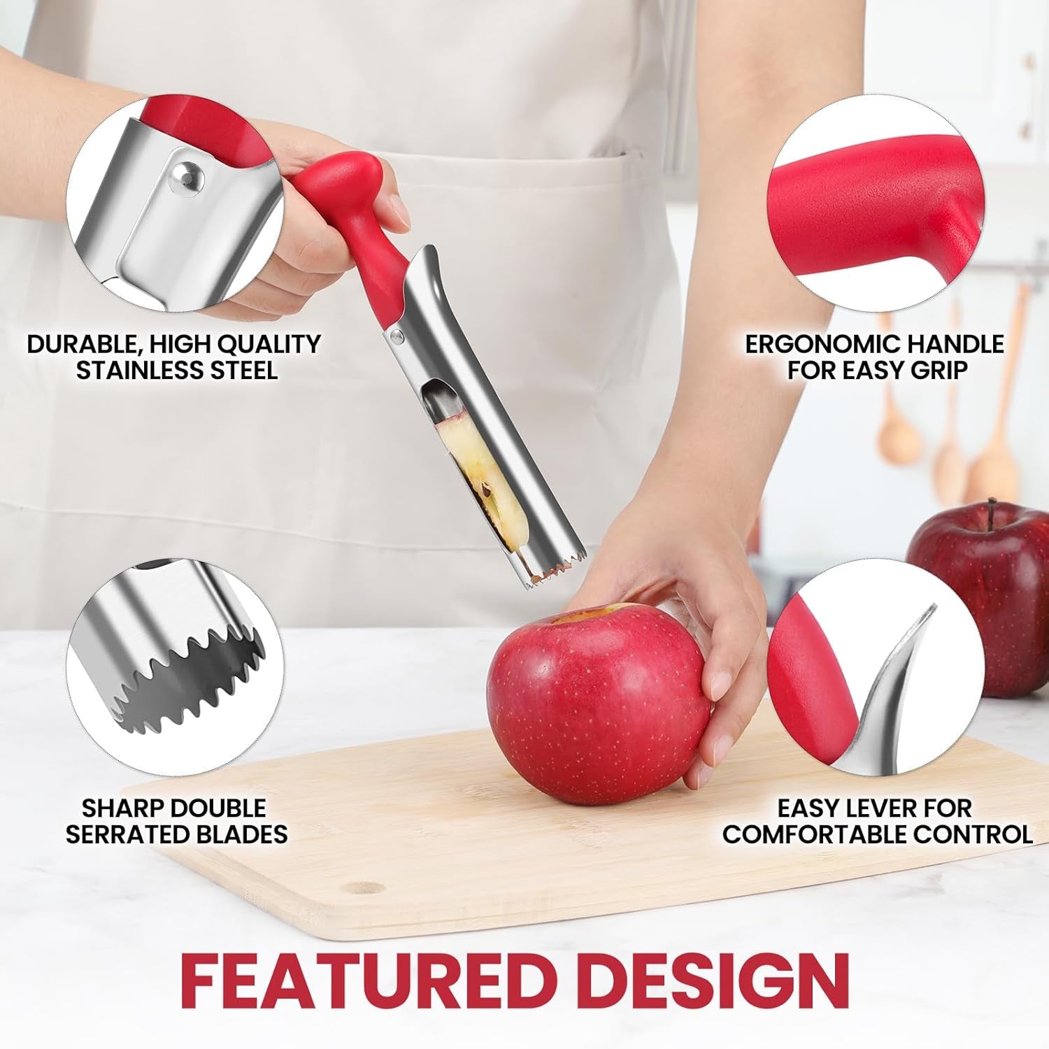 Premium Apple Corer Tool - Easy to Use and Clean Sturdy Core Remover with Sharp Serrature Stainless Steel Corers for Pear Fruits Ease(Red)