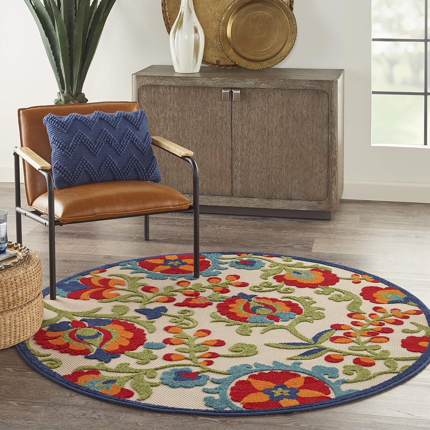 Aloha Floral Tropical Indoor/Outdoor Multicolor 4' X round Area Rug, (4' Round)