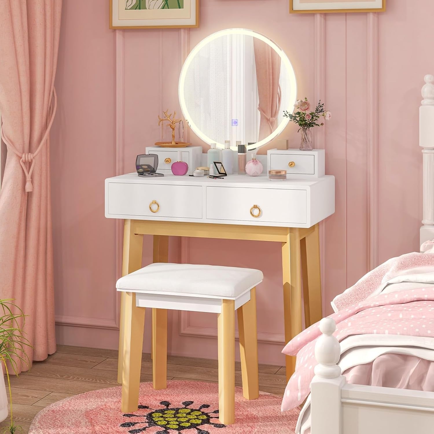 Vanity Set with Touch Screen Dimming Mirror, 3 Color Lighting Modes, Dressing Table with 4 Sliding Drawers, Modern Bedroom Makeup Table and Cushioned Stool Set for Women Girls (White)