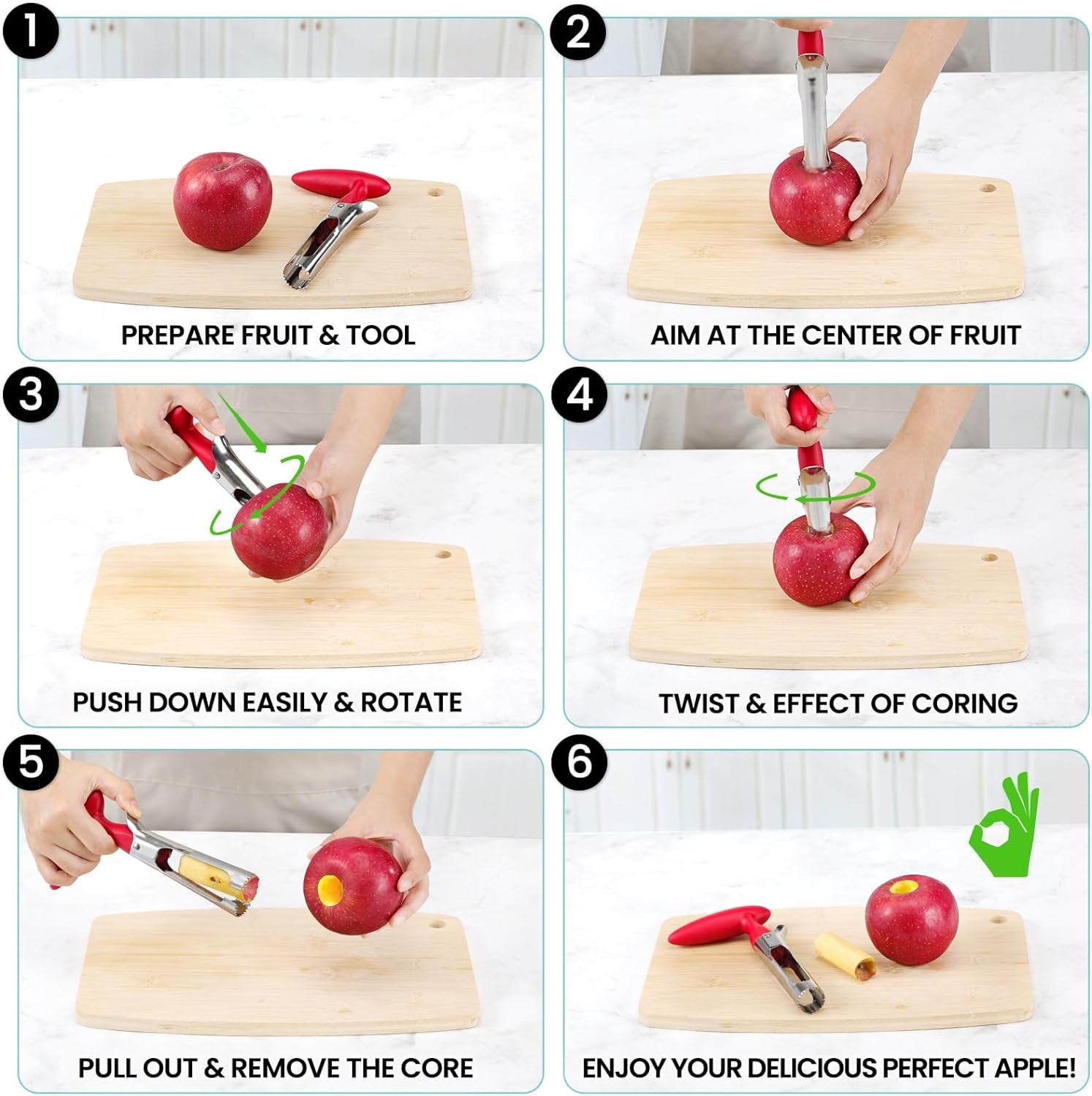 Premium Apple Corer Tool - Easy to Use and Clean Sturdy Core Remover with Sharp Serrature Stainless Steel Corers for Pear Fruits Ease(Red)